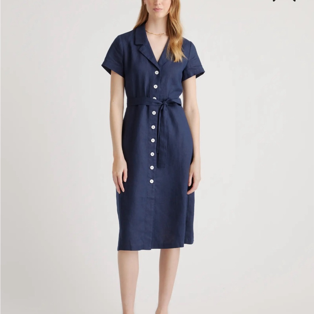 Navy Blue Quince Button Front Linen Dress NWOT